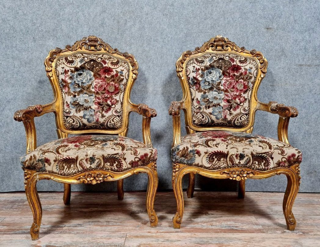 Pair Of Louis XV Style Armchairs In Gilded And Carved Wood 