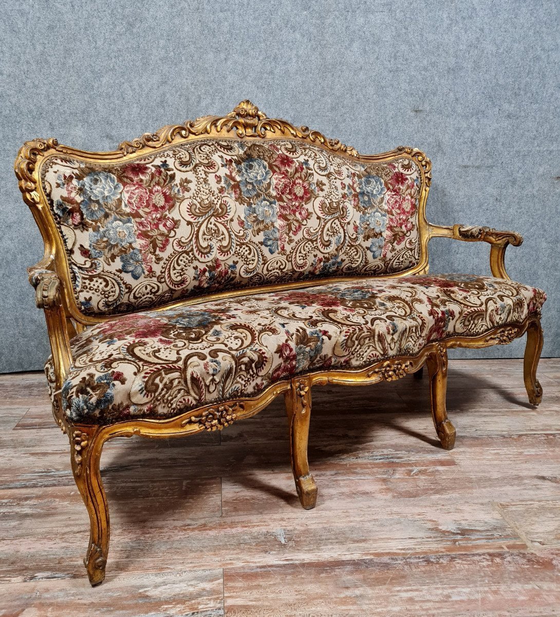 Important Louis XV Style Bench In Gilded And Carved Wood-photo-1