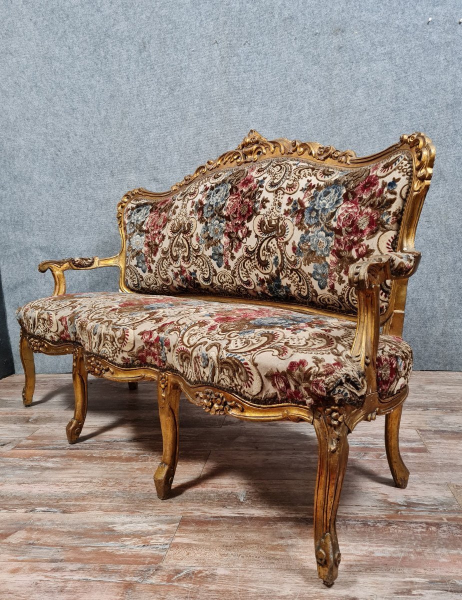 Important Louis XV Style Bench In Gilded And Carved Wood-photo-2