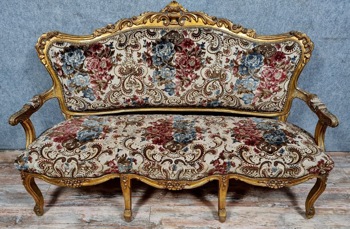 Important Louis XV Style Bench In Gilded And Carved Wood-photo-6