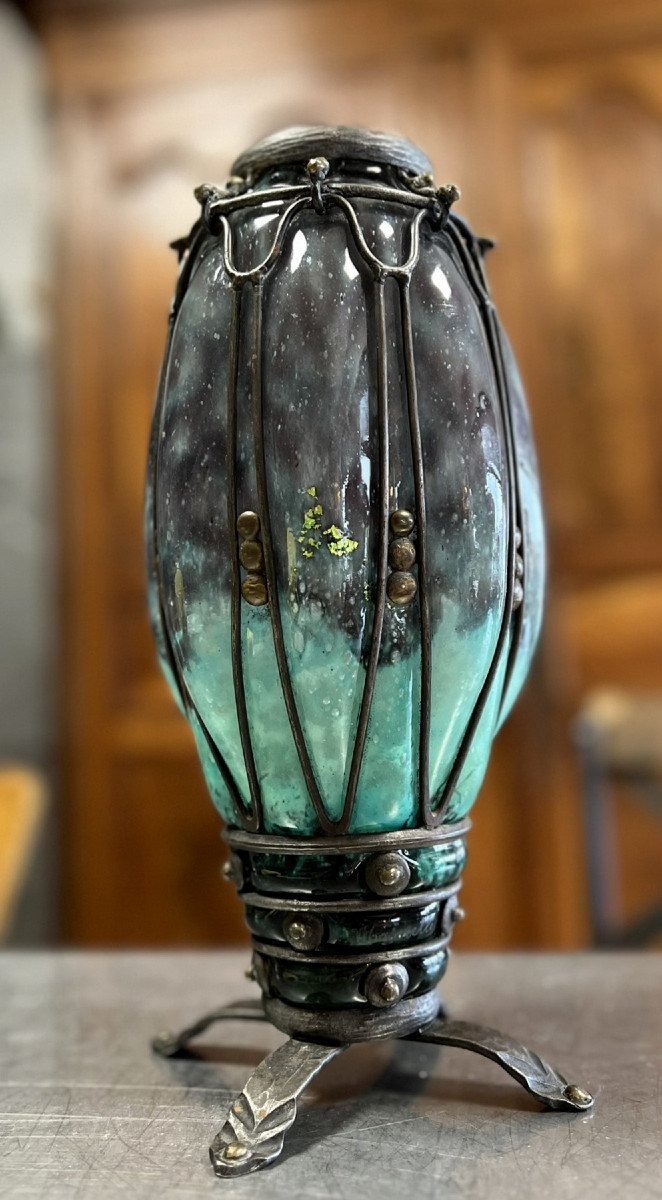 Daum Nancy & Louis Majorelle: Green, White And Black Jasper Glass Vase-photo-4