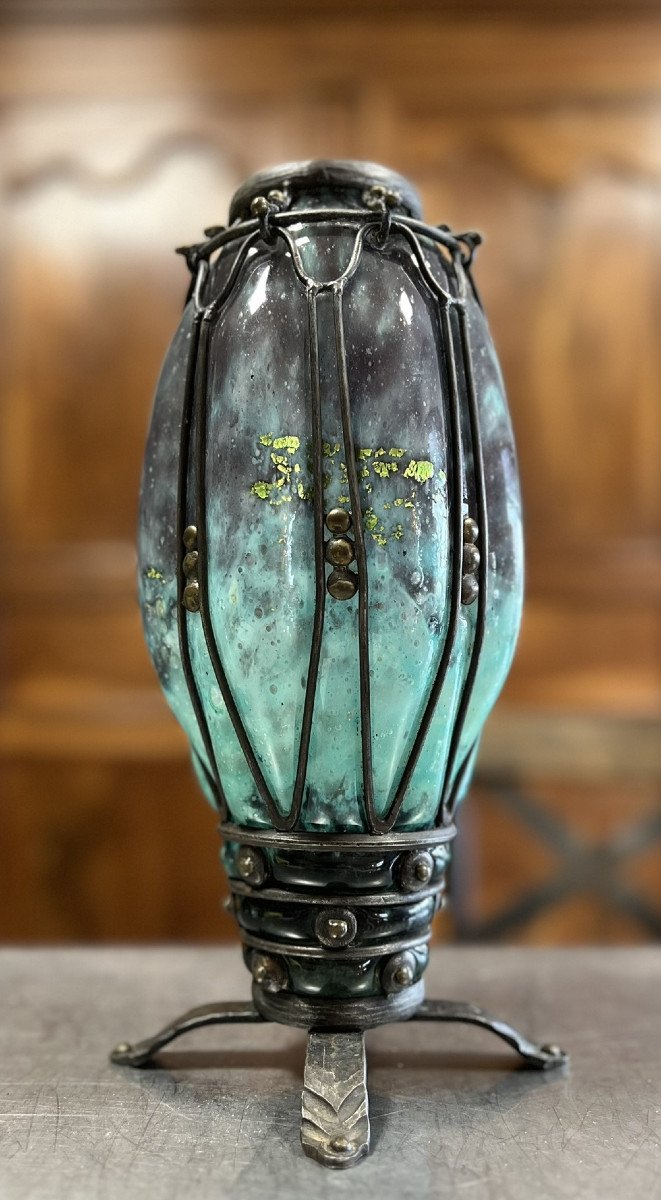 Daum Nancy & Louis Majorelle: Green, White And Black Jasper Glass Vase