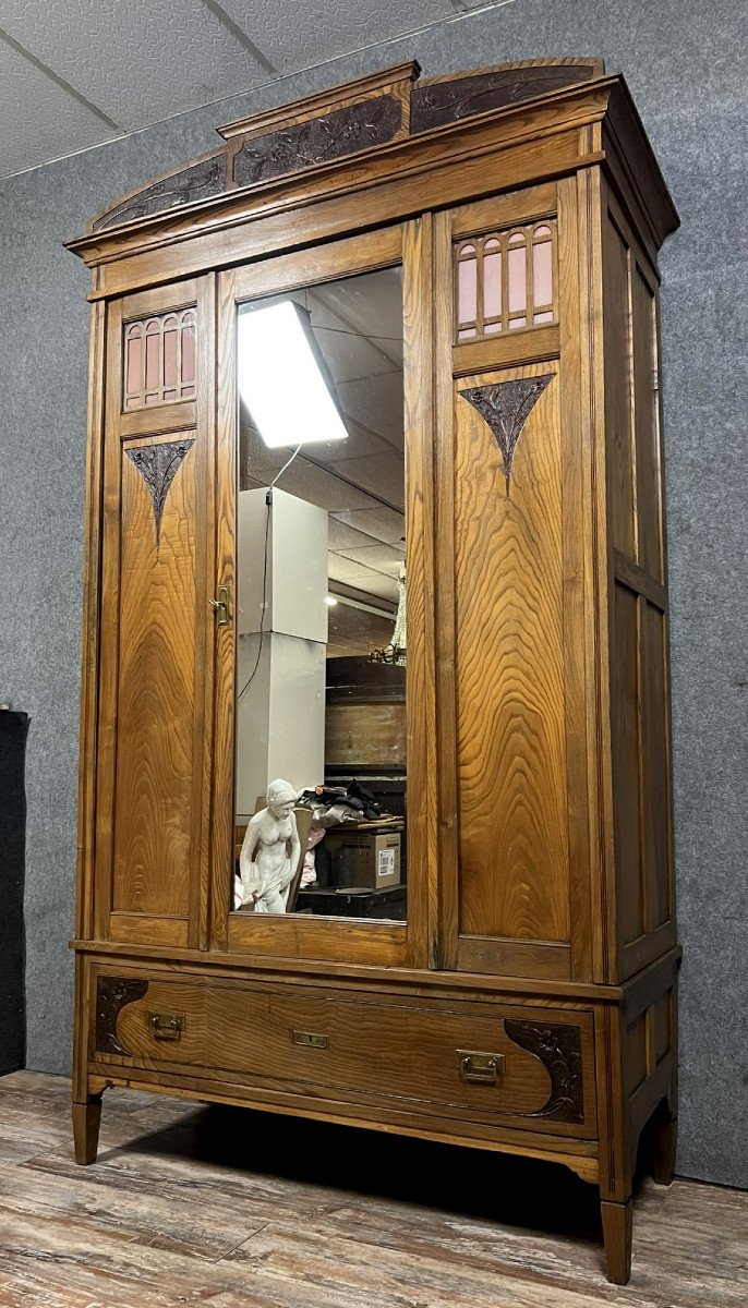 Armoire A Glace époque Art Nouveau En Chêne Massif -photo-4