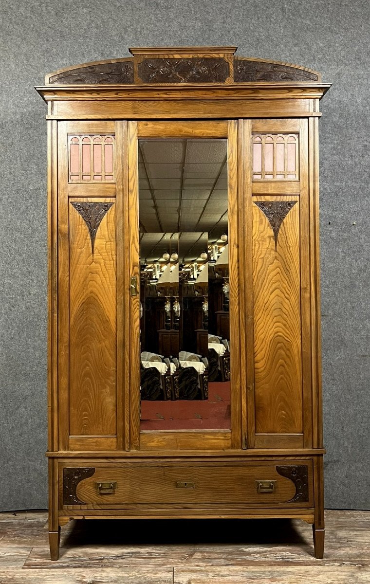 Armoire A Glace époque Art Nouveau En Chêne Massif 