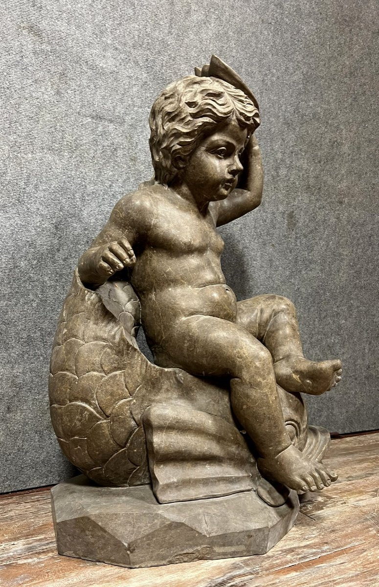 Monumentale Statue En Marbre Figurant Un Putto Chevauchant Un Dauphin / H 90cm-photo-3