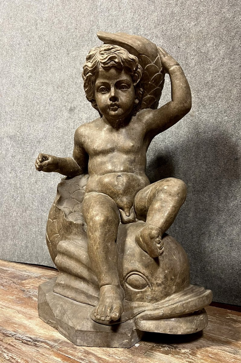 Monumentale Statue En Marbre Figurant Un Putto Chevauchant Un Dauphin / H 90cm-photo-4