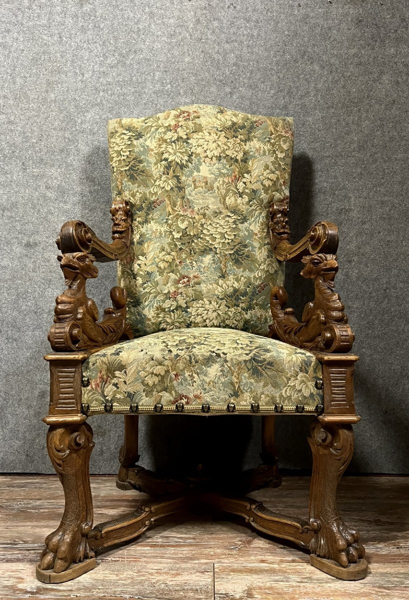 Renaissance Ceremonial Throne Chair With Curved Back In Carved Walnut