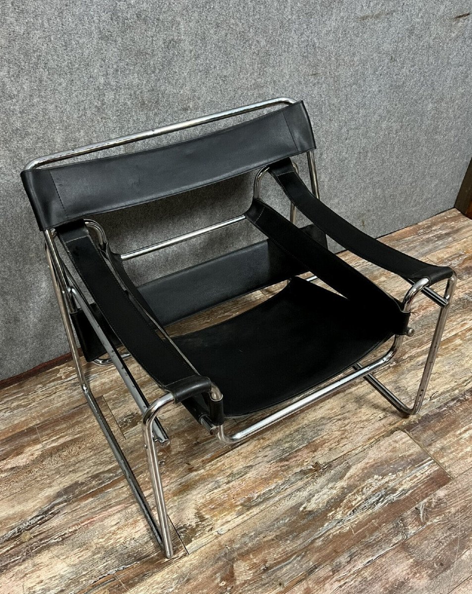 Fauteuil En Cuir Noir, D’après Le Modèle Iconique Wassily De Marcel Breuer-photo-2