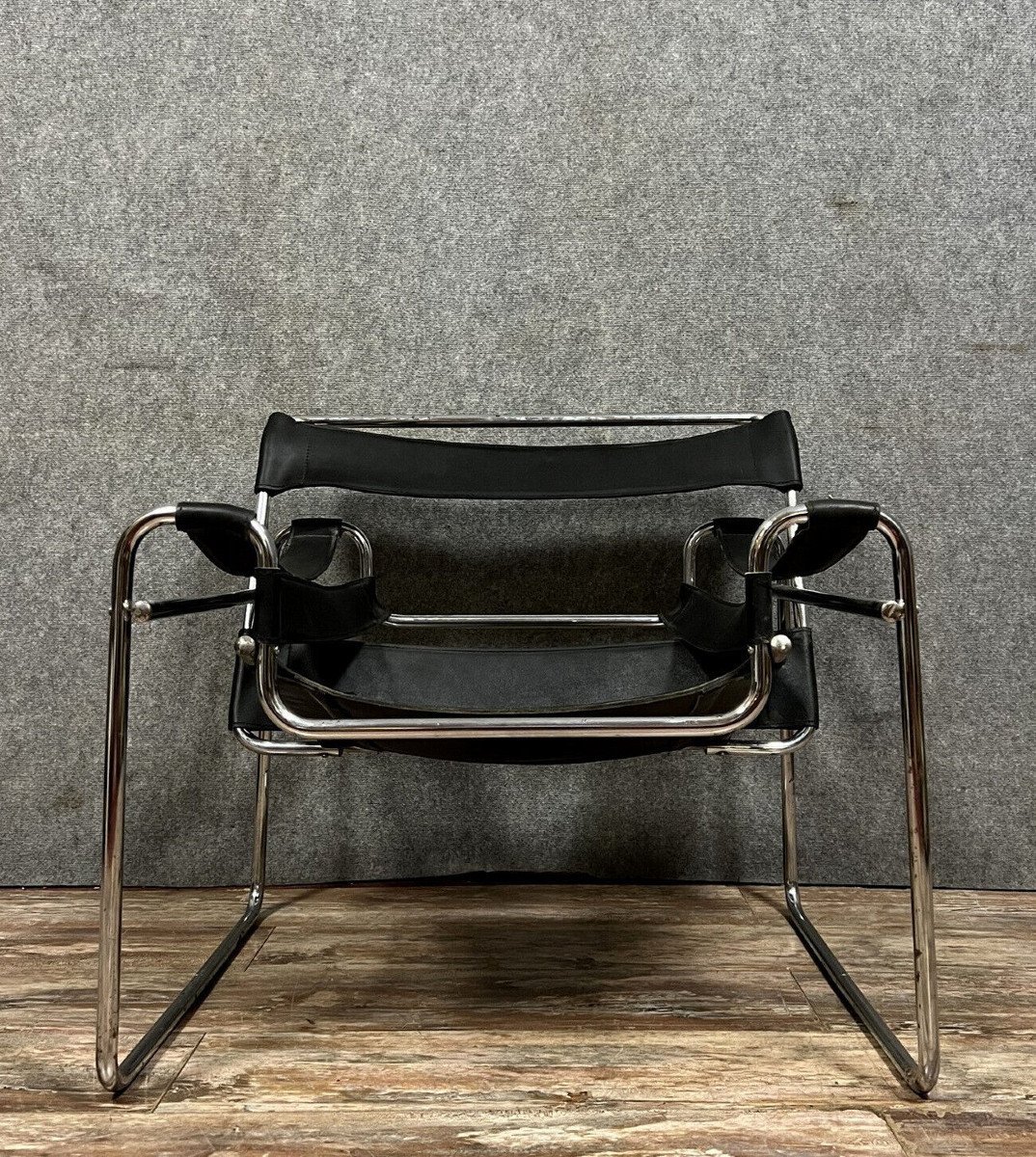 Fauteuil En Cuir Noir, D’après Le Modèle Iconique Wassily De Marcel Breuer-photo-6