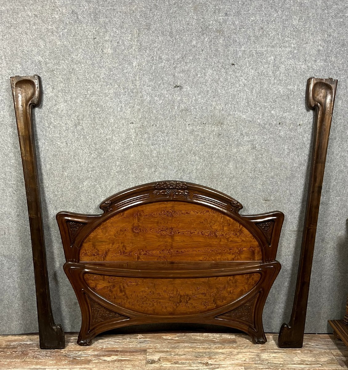 Nancy School After Louis Majorelle: Center Bed In Burl And Mahogany, Art Nouveau Period-photo-1