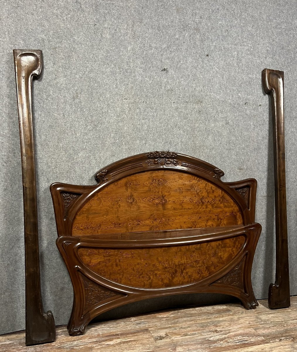 Nancy School After Louis Majorelle: Center Bed In Burl And Mahogany, Art Nouveau Period-photo-4