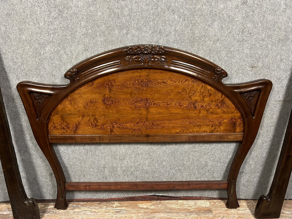 Nancy School After Louis Majorelle: Center Bed In Burl And Mahogany, Art Nouveau Period-photo-5