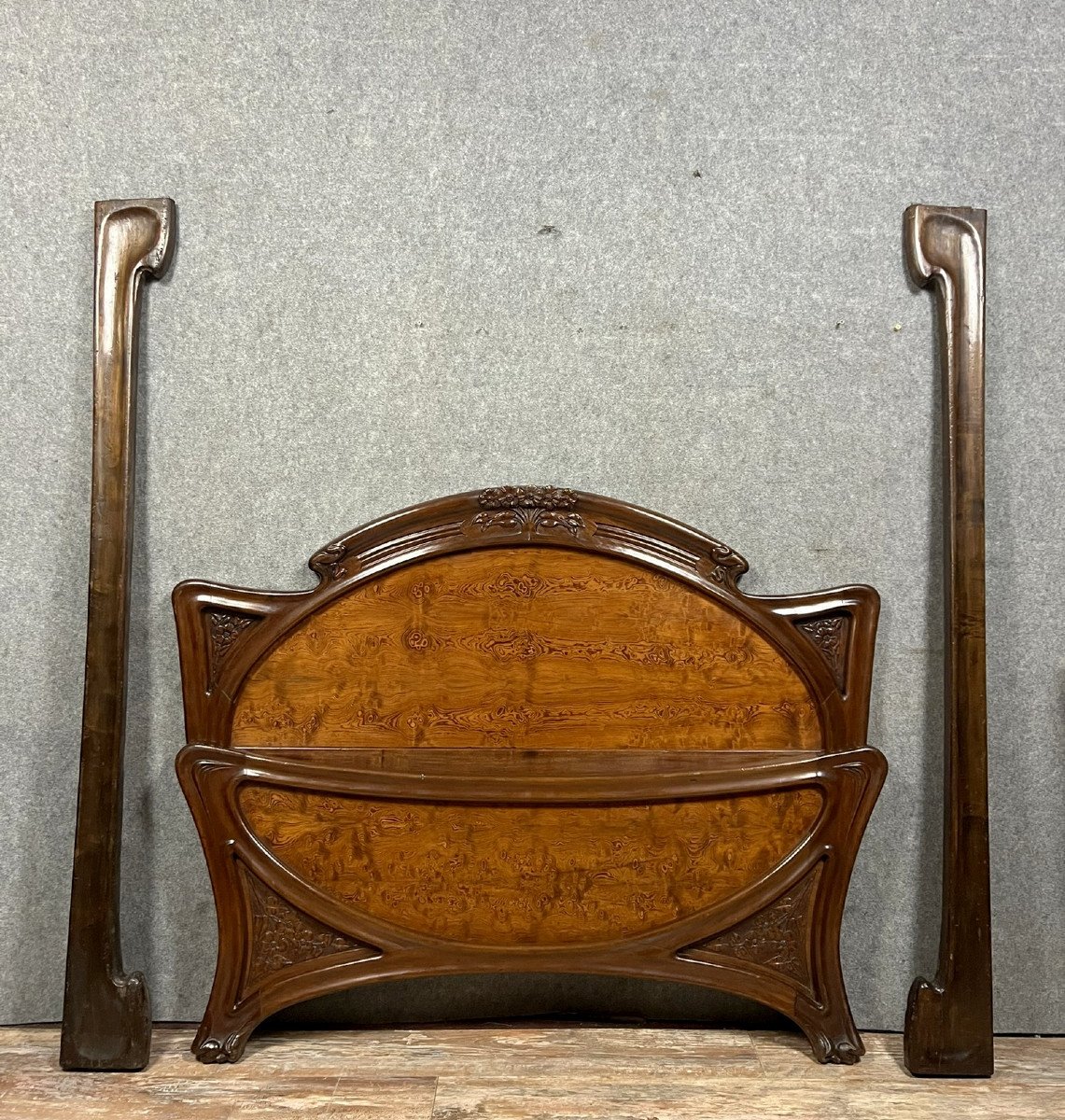 Nancy School After Louis Majorelle: Center Bed In Burl And Mahogany, Art Nouveau Period