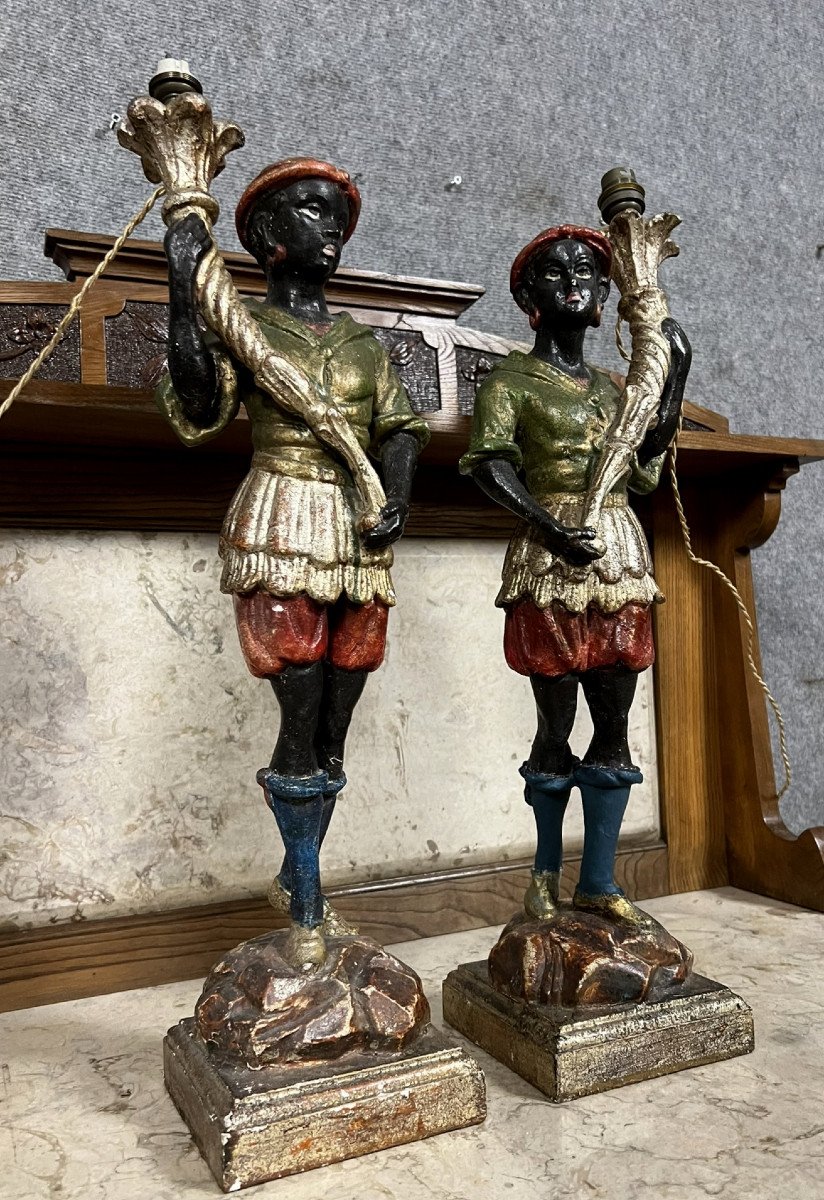 Pair Of Nubian Torches In Polychrome And Gilded Carved Wood -photo-1