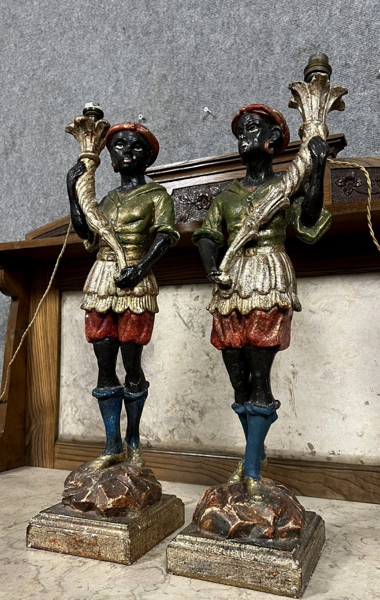 Pair Of Nubian Torches In Polychrome And Gilded Carved Wood -photo-2