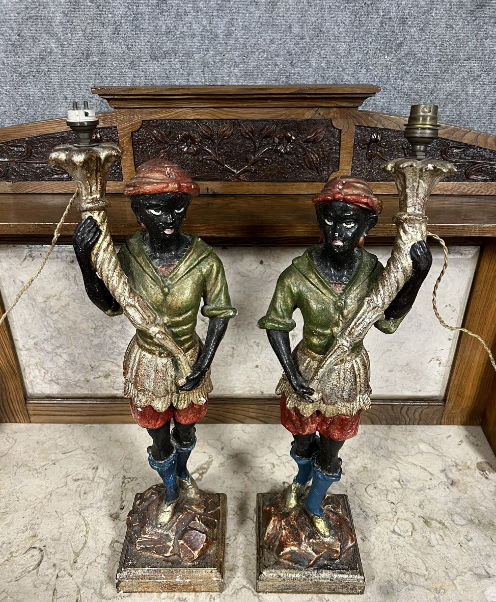 Pair Of Nubian Torches In Polychrome And Gilded Carved Wood -photo-3