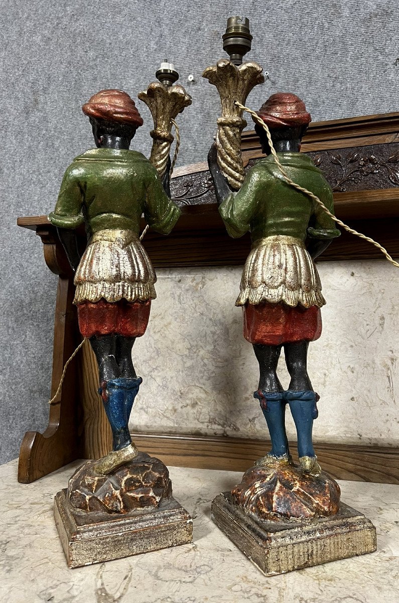 Pair Of Nubian Torches In Polychrome And Gilded Carved Wood -photo-6