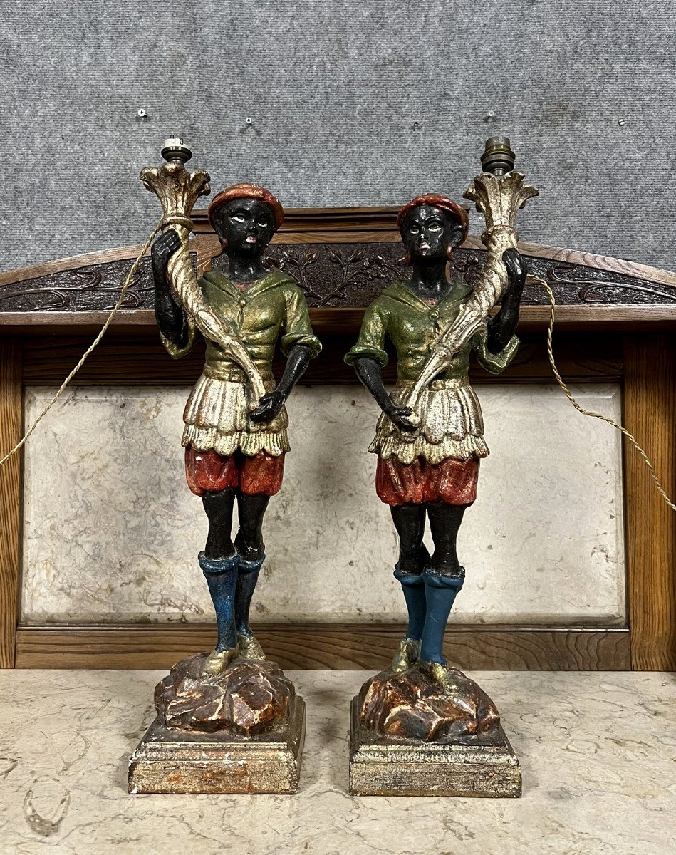 Pair Of Nubian Torches In Polychrome And Gilded Carved Wood 