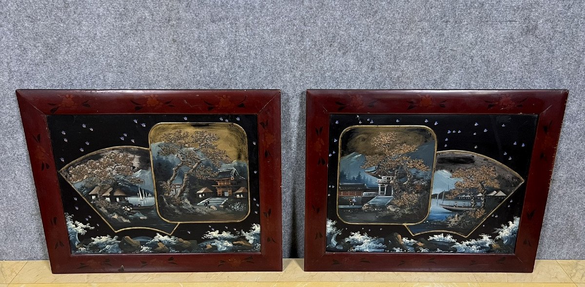 Japan - Early 20th Century: Pair Of Large Relief Paintings With Landscape Decor -photo-1