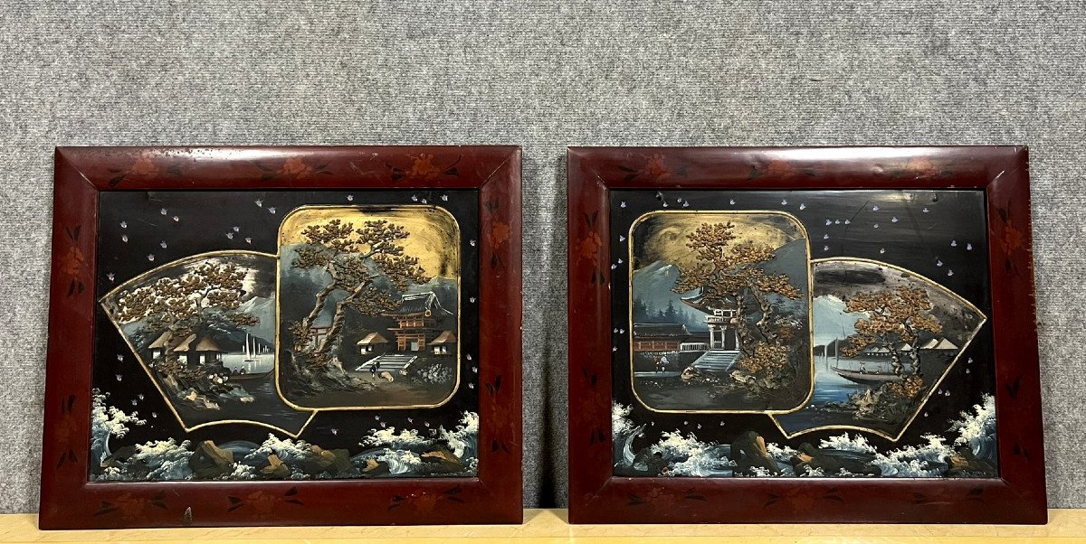 Japan - Early 20th Century: Pair Of Large Relief Paintings With Landscape Decor -photo-2