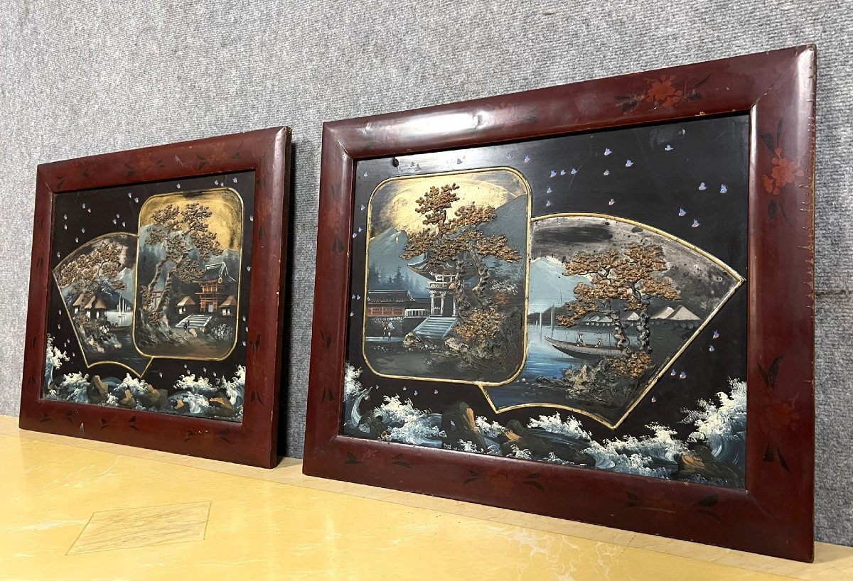 Japan - Early 20th Century: Pair Of Large Relief Paintings With Landscape Decor -photo-4