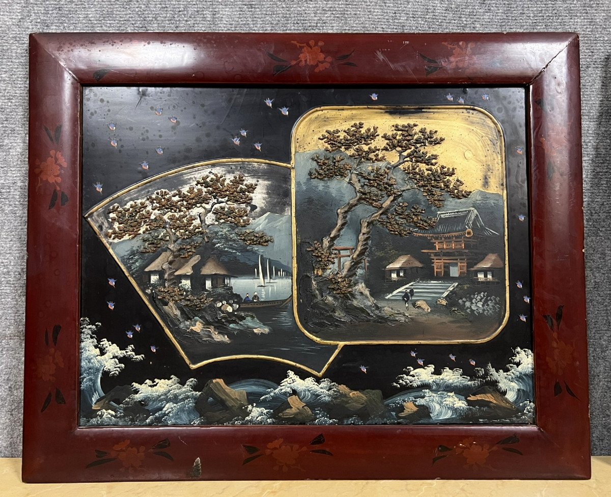 Japan - Early 20th Century: Pair Of Large Relief Paintings With Landscape Decor -photo-5