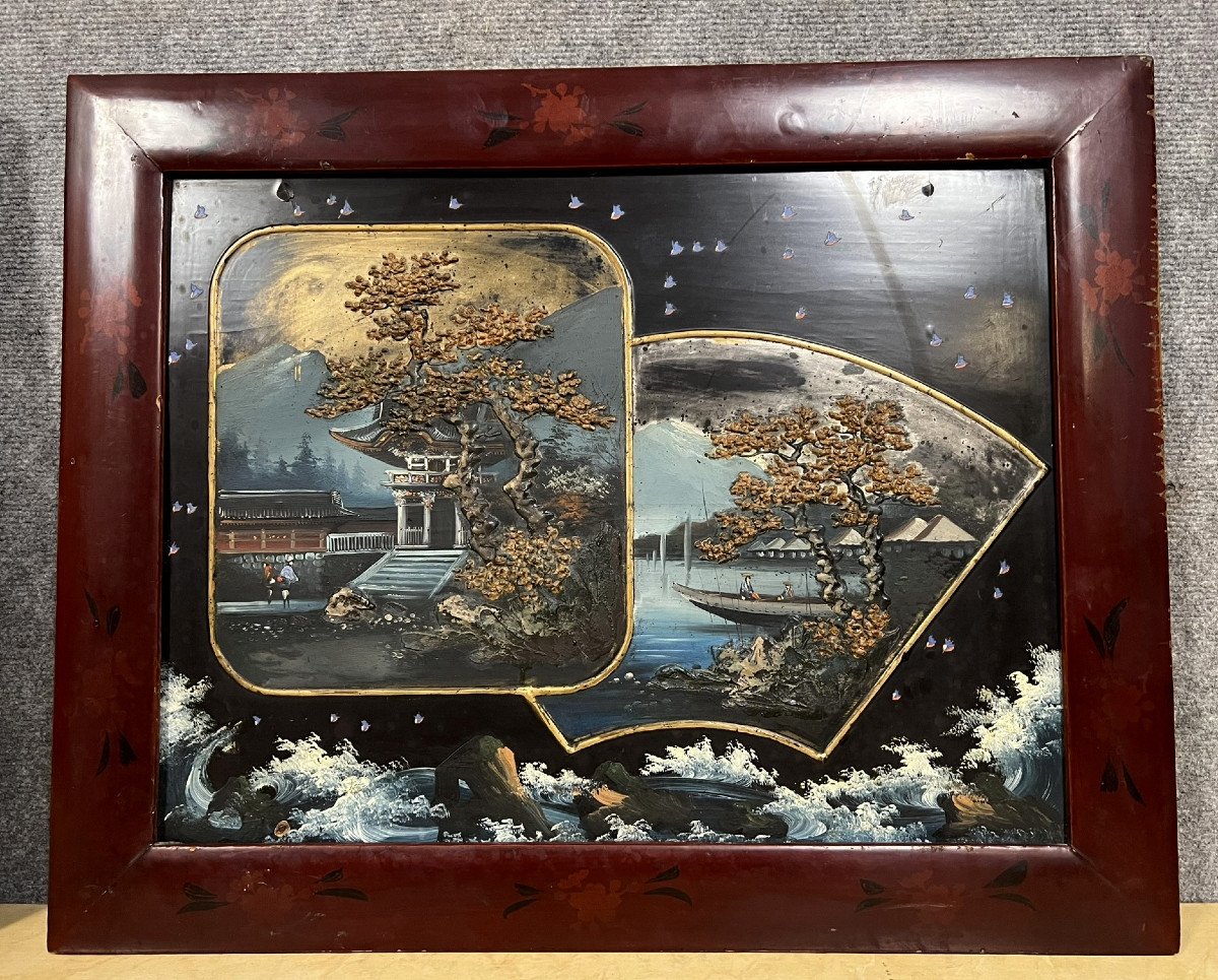 Japan - Early 20th Century: Pair Of Large Relief Paintings With Landscape Decor -photo-6