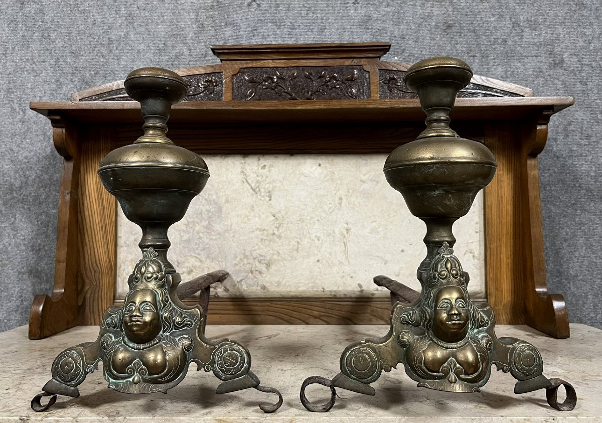 Pair Of Louis XIV Period Andirons In Gilded Bronze 