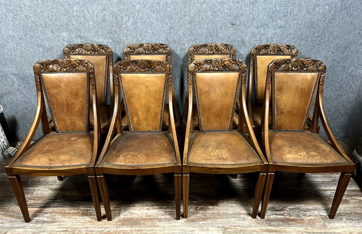 Travail De l'école De Nancy Vers 1920 : Suite De Huit Chaises Fauteuils  -photo-1