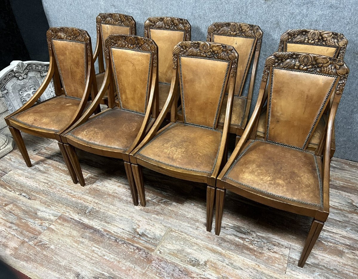 Travail De l'école De Nancy Vers 1920 : Suite De Huit Chaises Fauteuils  -photo-2