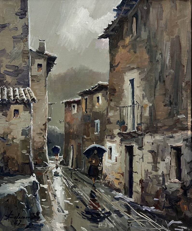 José Colomer: Large Oil On Canvas View Of A Street In Gerona In Spain -photo-1