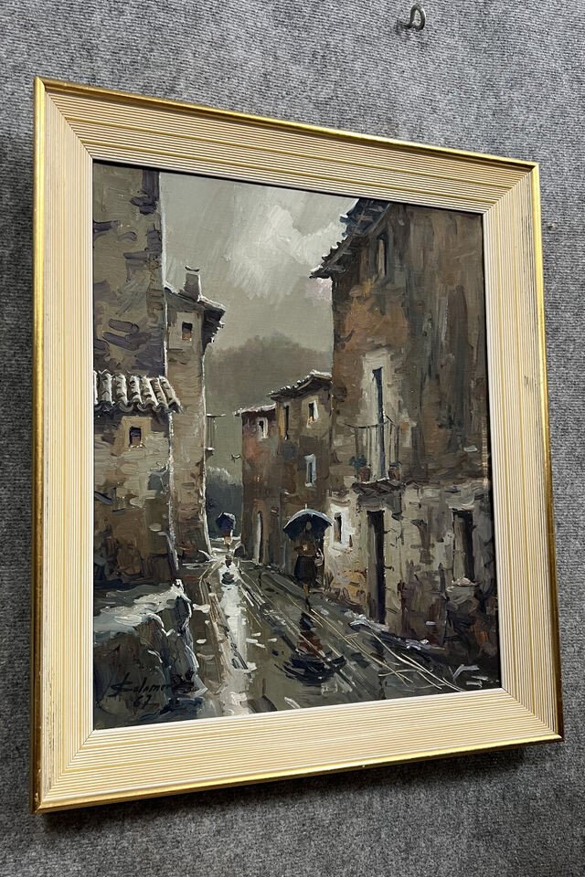 José Colomer: Large Oil On Canvas View Of A Street In Gerona In Spain -photo-2