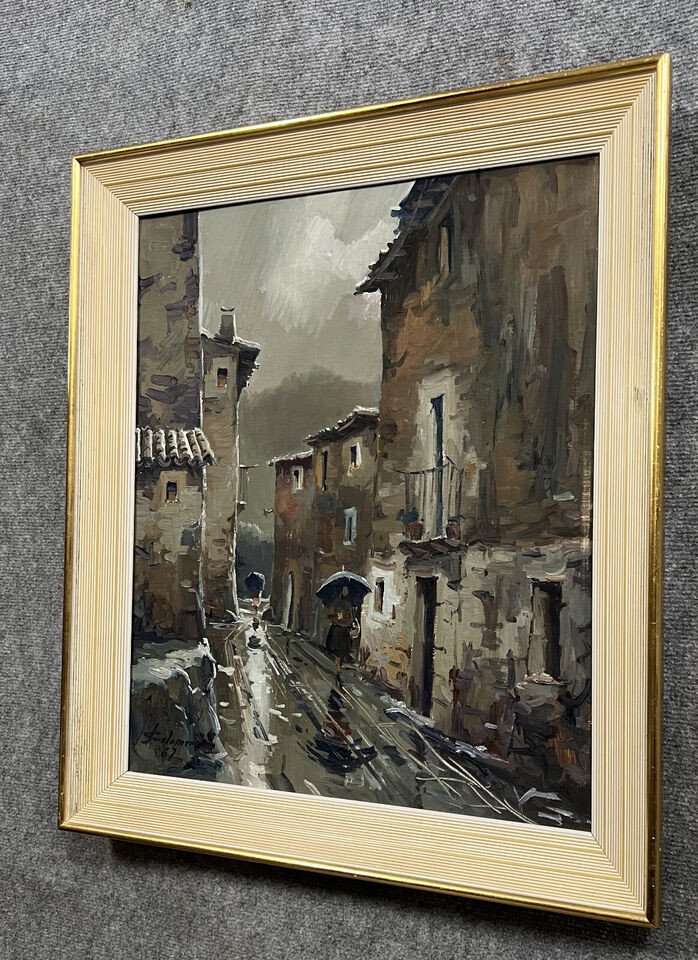 José Colomer: Large Oil On Canvas View Of A Street In Gerona In Spain -photo-3