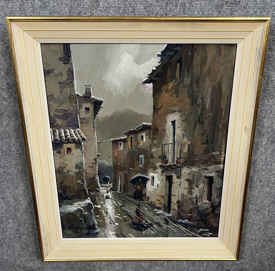 José Colomer: Large Oil On Canvas View Of A Street In Gerona In Spain -photo-4