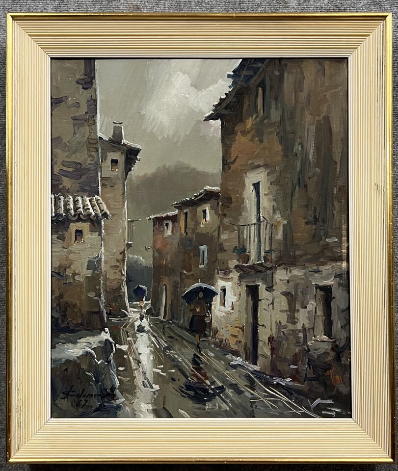 José Colomer: Large Oil On Canvas View Of A Street In Gerona In Spain 