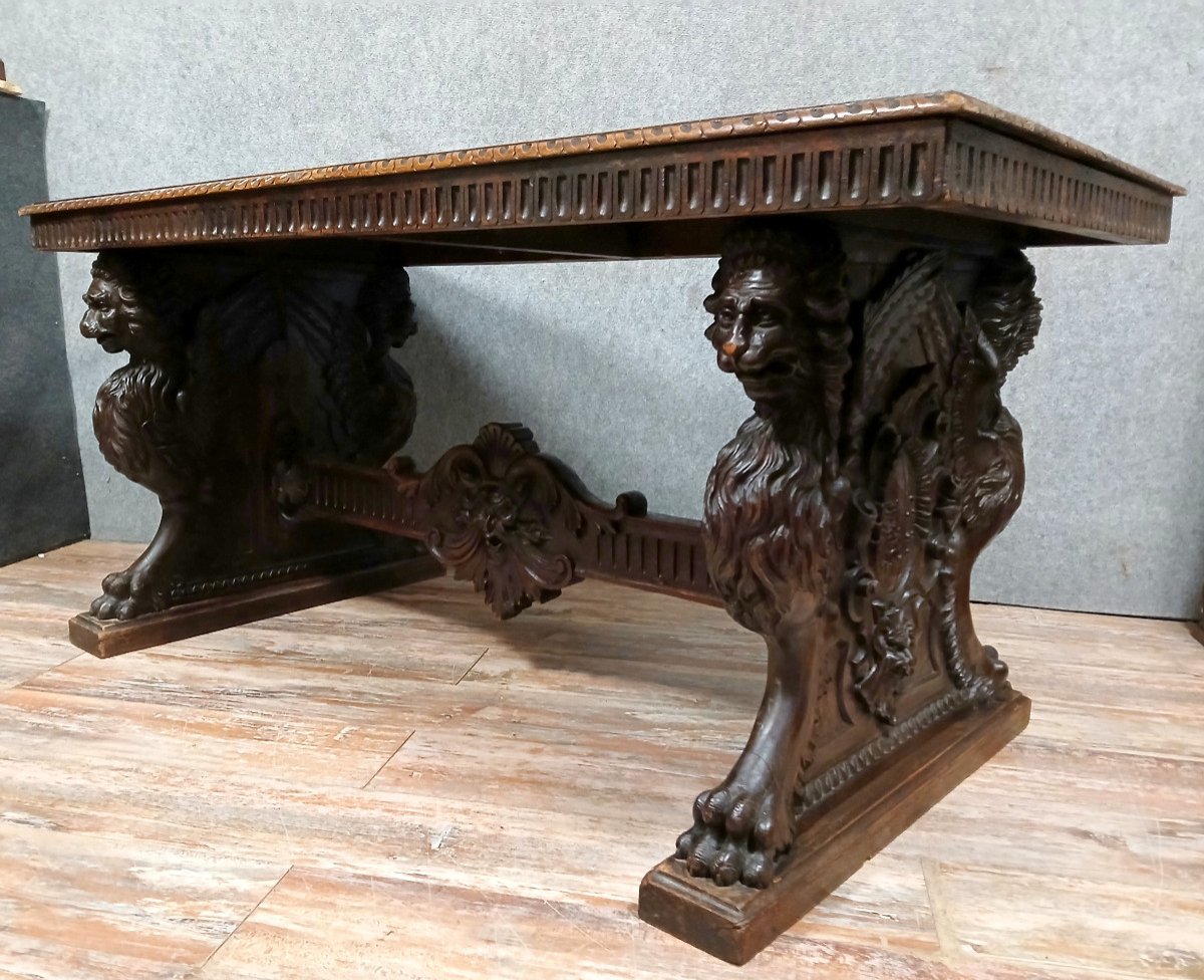 Italy 19th Century: Renaissance Style Table Or Desk In Walnut-photo-4