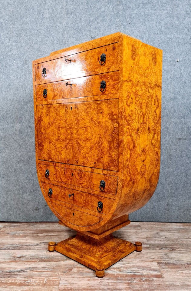 Art Deco Tulip Or Lyre Shaped Secretary In Light Wood Burl In Light Wood Burl-photo-2