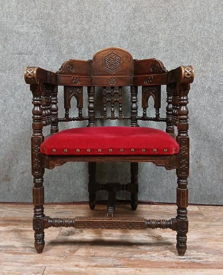 Syrian Office Chair In Solid Walnut Fully Carved Circa 1850