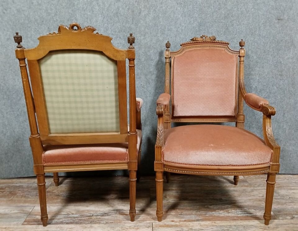 Paire De Fauteuils De Style Louis XVI En Noyer Vers 1850-photo-2