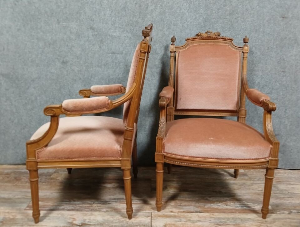 Paire De Fauteuils De Style Louis XVI En Noyer Vers 1850-photo-3