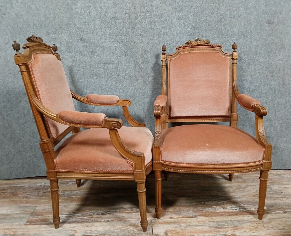 Paire De Fauteuils De Style Louis XVI En Noyer Vers 1850-photo-4