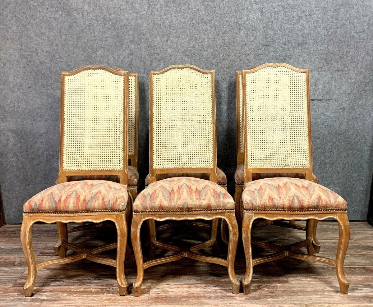 Set Of 6 Louis XV Chairs With High Backs In Whitewashed Wood 