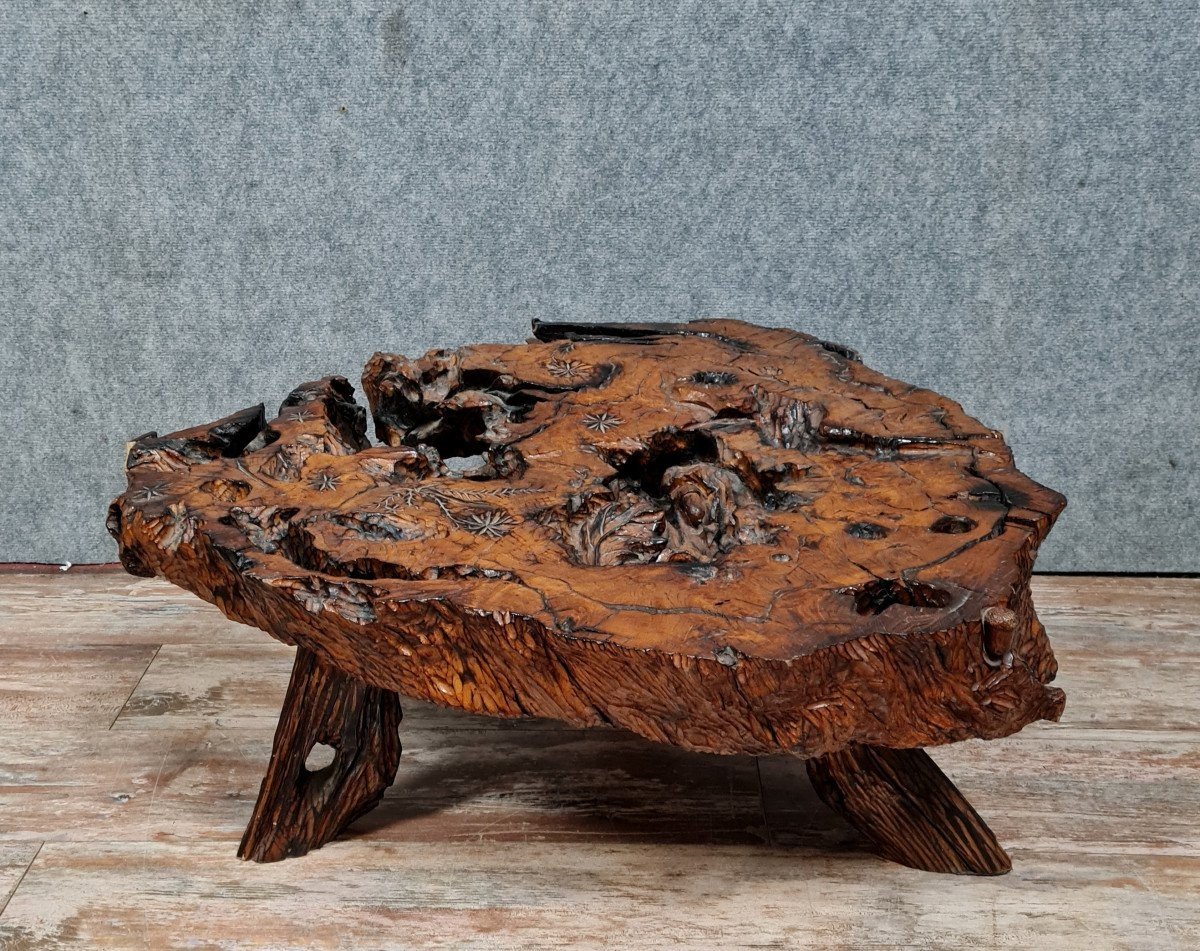 60s-70s Design Coffee Table In Carved Wood Root  -photo-5