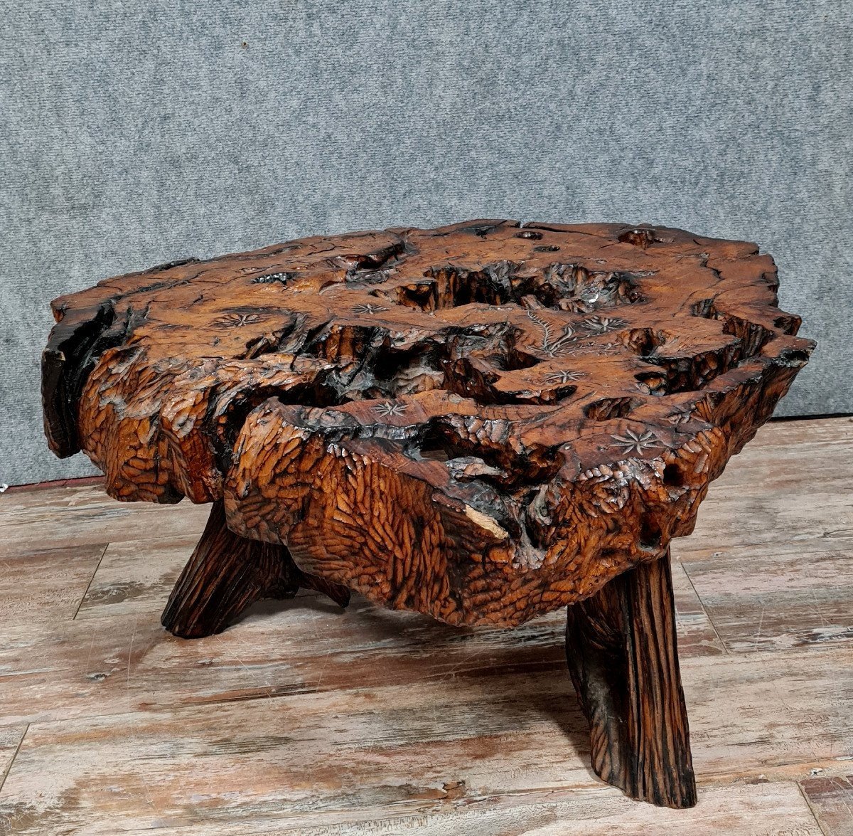 60s-70s Design Coffee Table In Carved Wood Root  