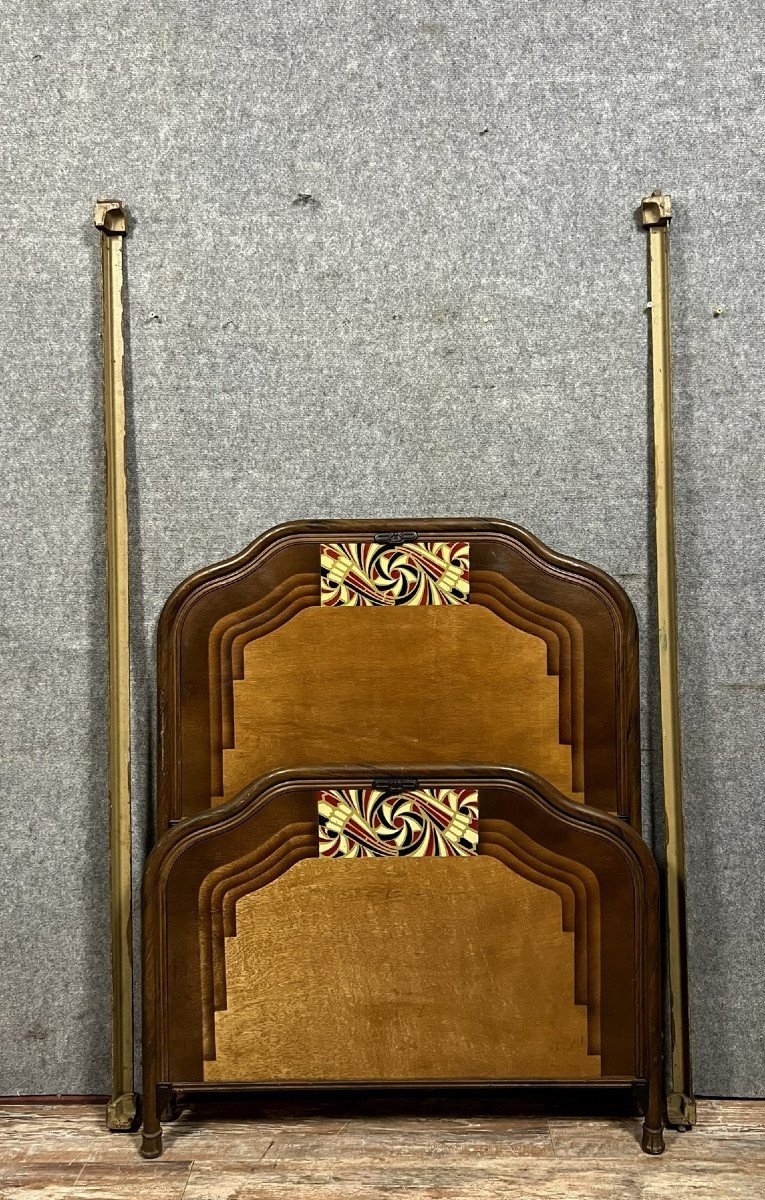 Art Nouveau Period Bed In Painted Iron Faux Wood With Stylized Patterns In Color -photo-1