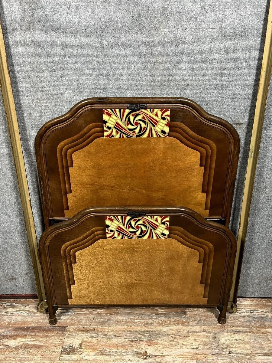 Art Nouveau Period Bed In Painted Iron Faux Wood With Stylized Patterns In Color 