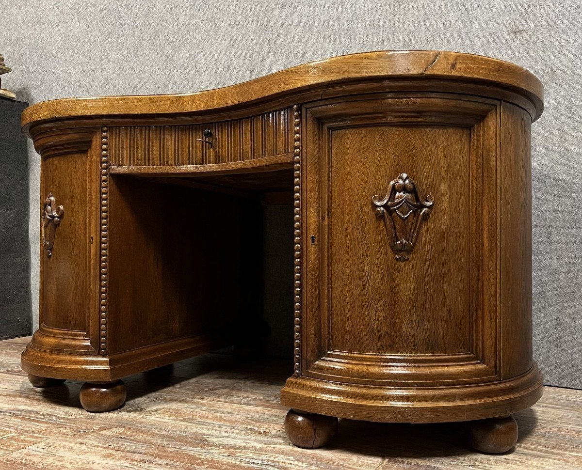 Large Art Nouveau Oak And Walnut Bean Shaped Center Desk  -photo-3