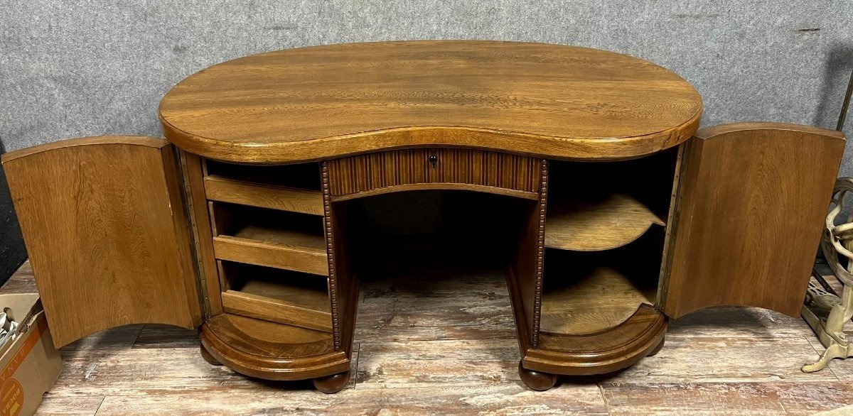 Large Art Nouveau Oak And Walnut Bean Shaped Center Desk  -photo-5