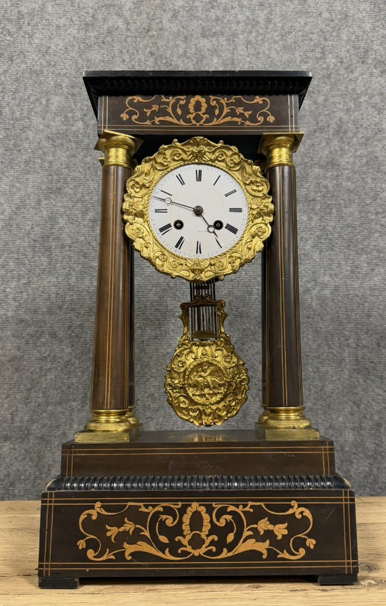 Portico Clock Empire / Charles X Period In Rosewood And Gilt Bronze  