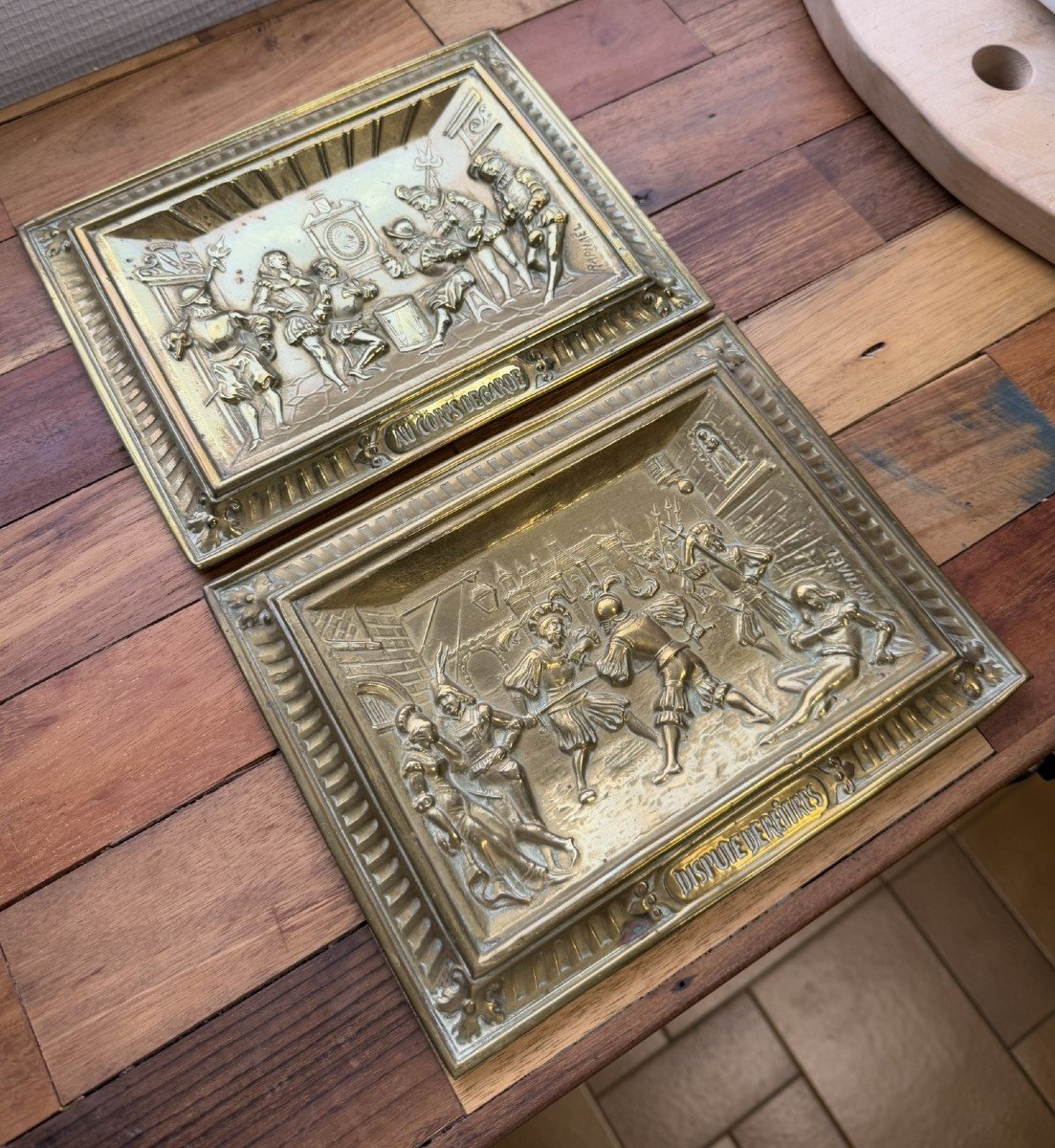 Raphael: 2 Bas Reliefs In Repoussé Copper Depicting Framed Animated Scenes  -photo-1